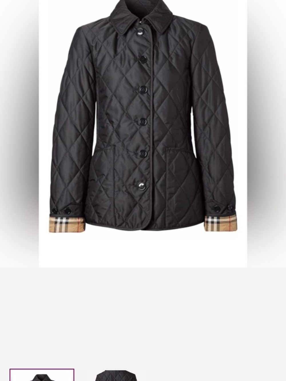 Burberry Black Quilted Button-Front Jacket with Signature Check Cuffs